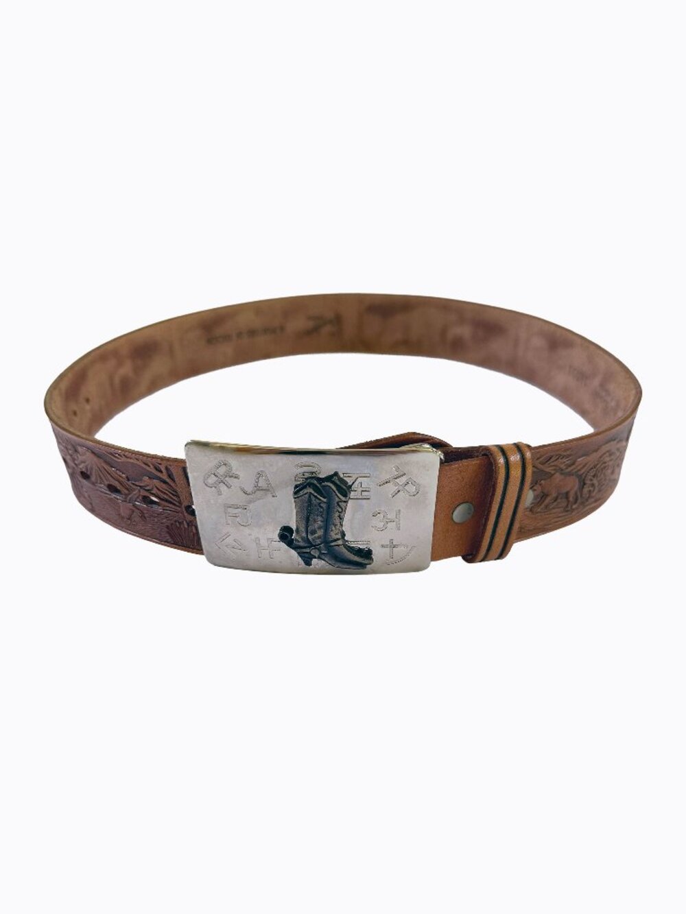 Vtg 70s Chambers H. Porter Tucson Hand Tooled Leather Belt 28 Western Tiger Deer